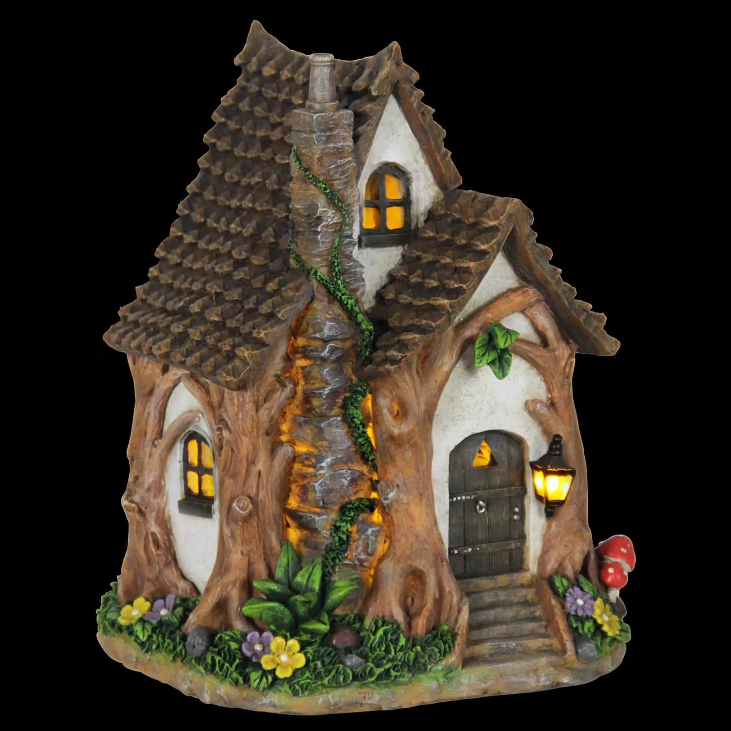 Solar Whimsical Tree Trunk Fairy Cottage Garden Statue, 11 Inch