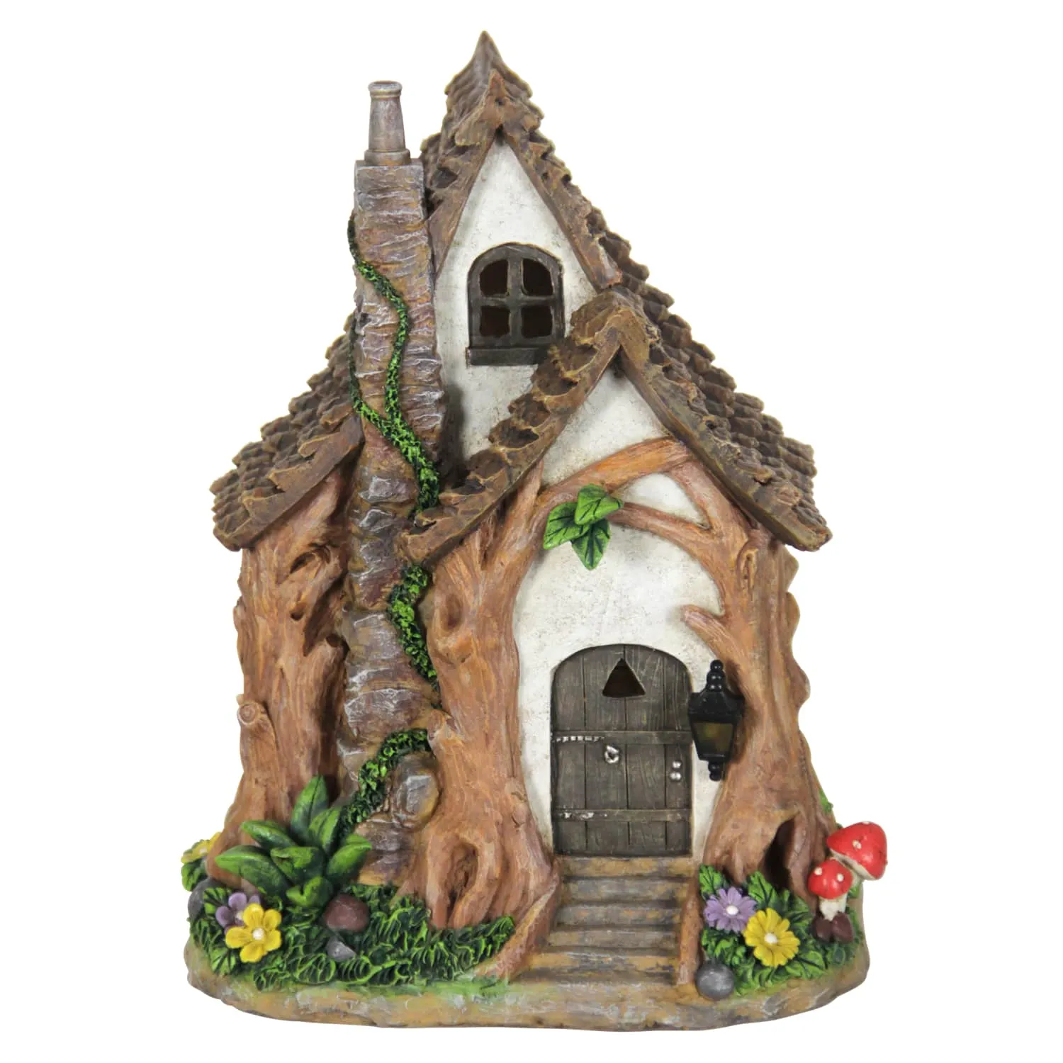 Solar Whimsical Tree Trunk Fairy Cottage Garden Statue, 11 Inch