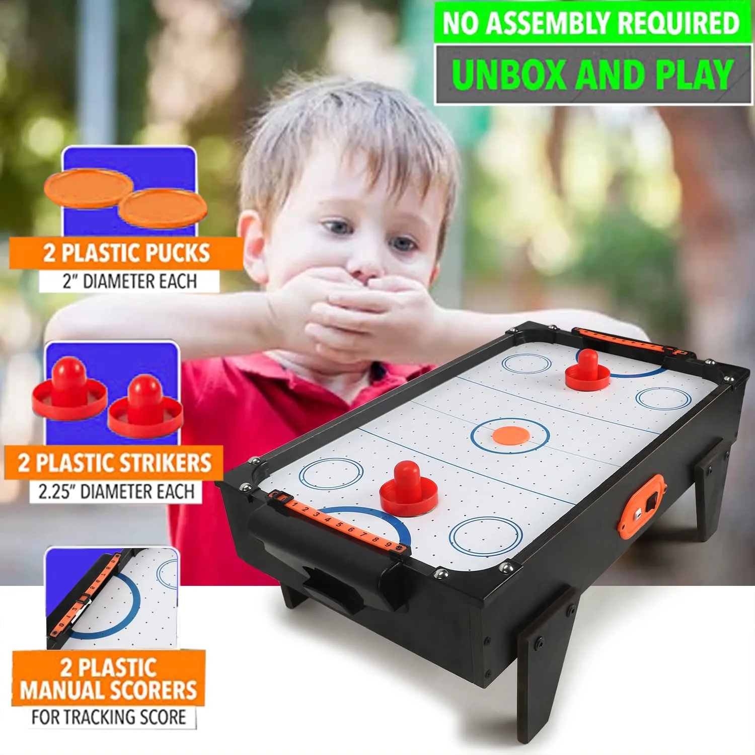 ToyMart Wooden Small Electric Air Hockey Table Game for Kids & Adults, Indoor and Outdoor Game Set, with Charger and USB Cable