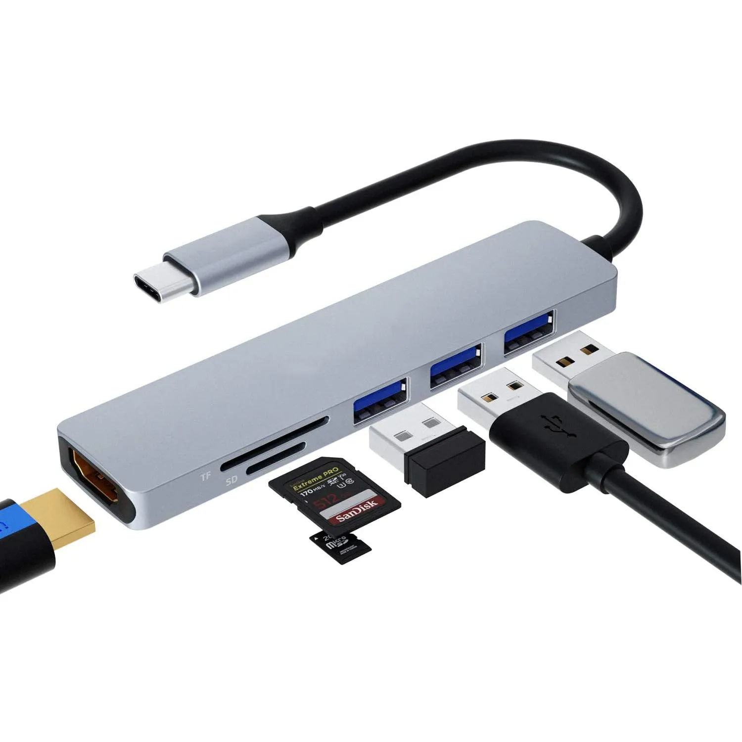 Type-C to HDMI HUB USB /TF Card Reader USB3.0*3 Laptop Converter