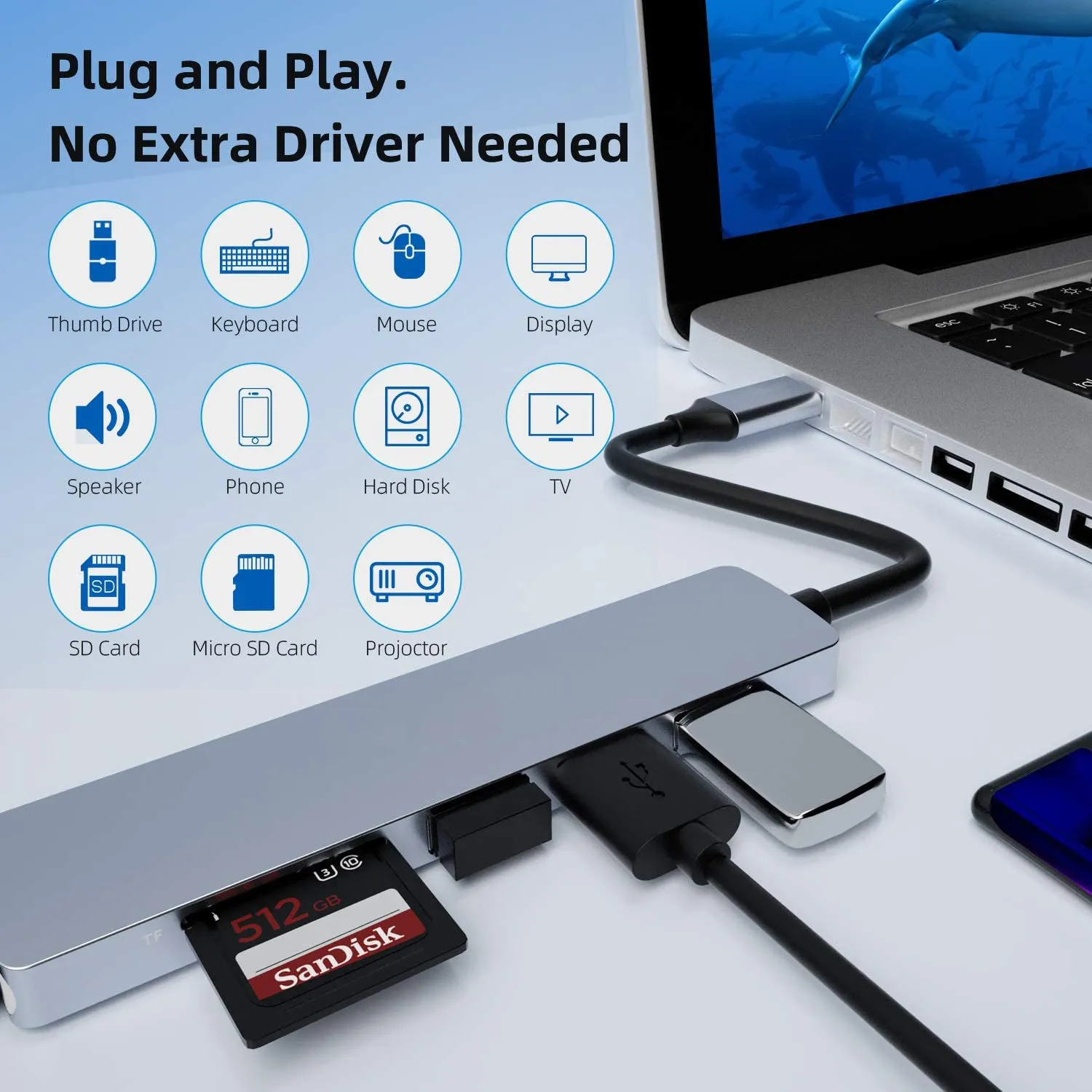 Type-C to HDMI HUB USB /TF Card Reader USB3.0*3 Laptop Converter