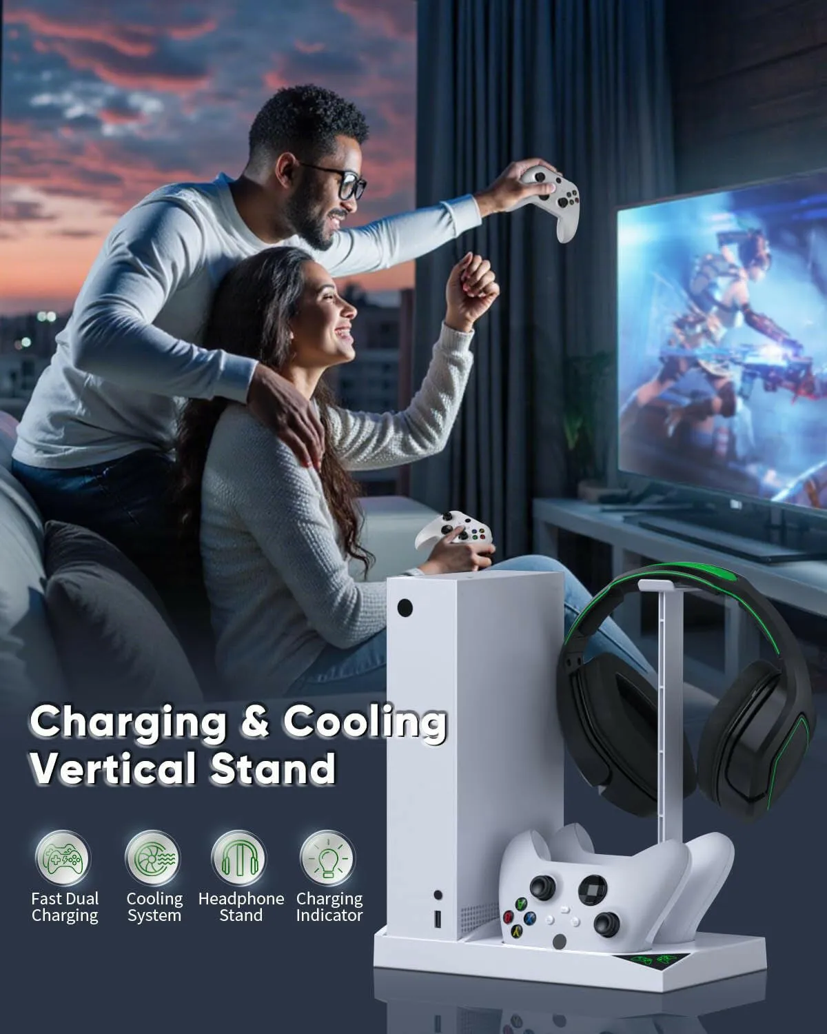 Vertical Dual Charging Dock and Cooling Stand for Xbox Series S Console and Controller with 2 Rechargeable Batteries and Earphone Holder