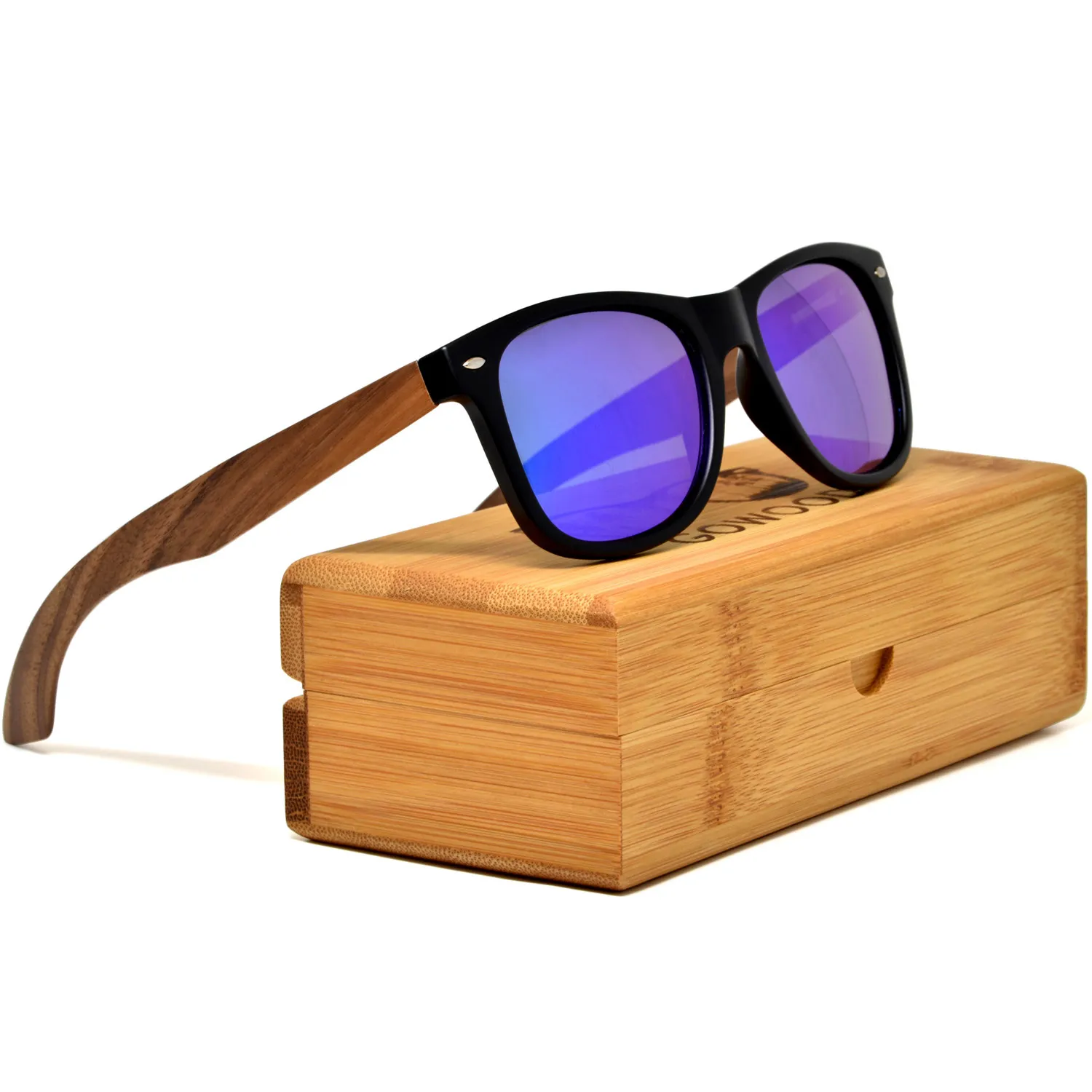 Walnut wood classic style sunglasses with blue mirrored polarized lenses