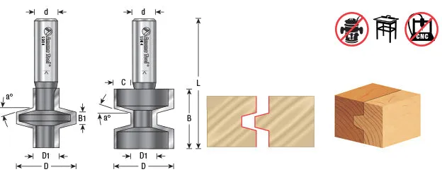 Wedge Tongue & Groove Router Bit | 15°x 1 1⁄4 Dia x 1 1⁄4 x 1⁄2" Shank 2 Piece Set | 55414 | 738685954140