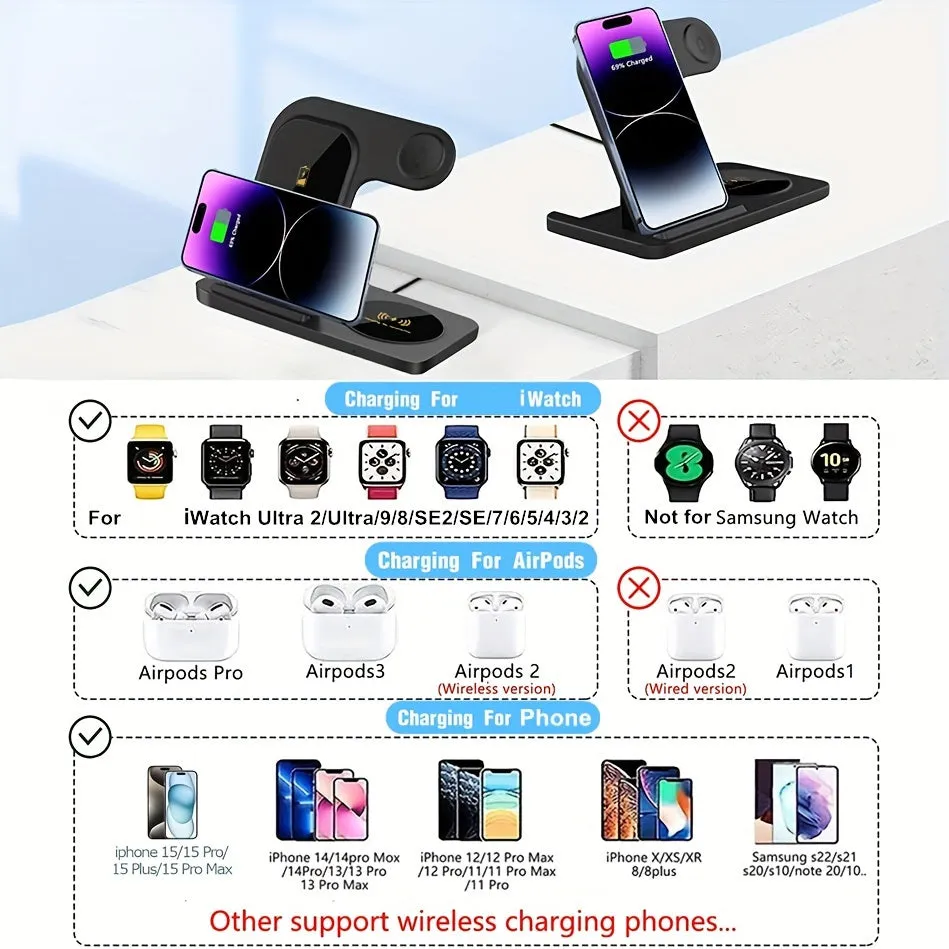 Wireless Charging Station for Multiple Devices Foldable 3 in 1 Fast Charger Station Stand Dock