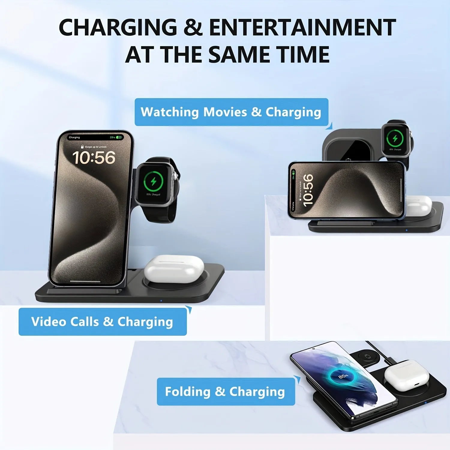 Wireless Charging Station for Multiple Devices Foldable 3 in 1 Fast Charger Station Stand Dock