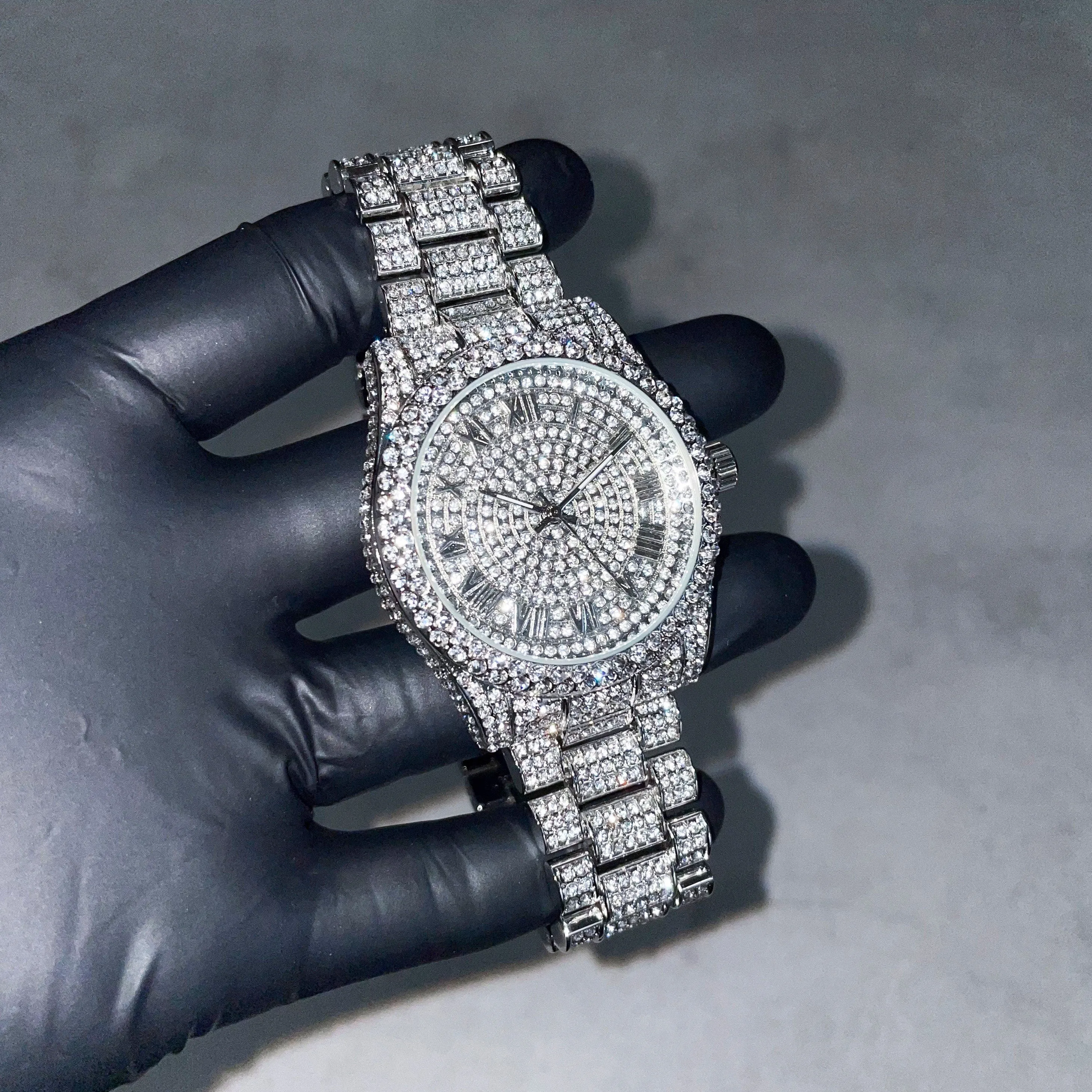 Women's 42mm Diamond Watch with Iced Out Bezel and Roman Dial - Quartz Movement