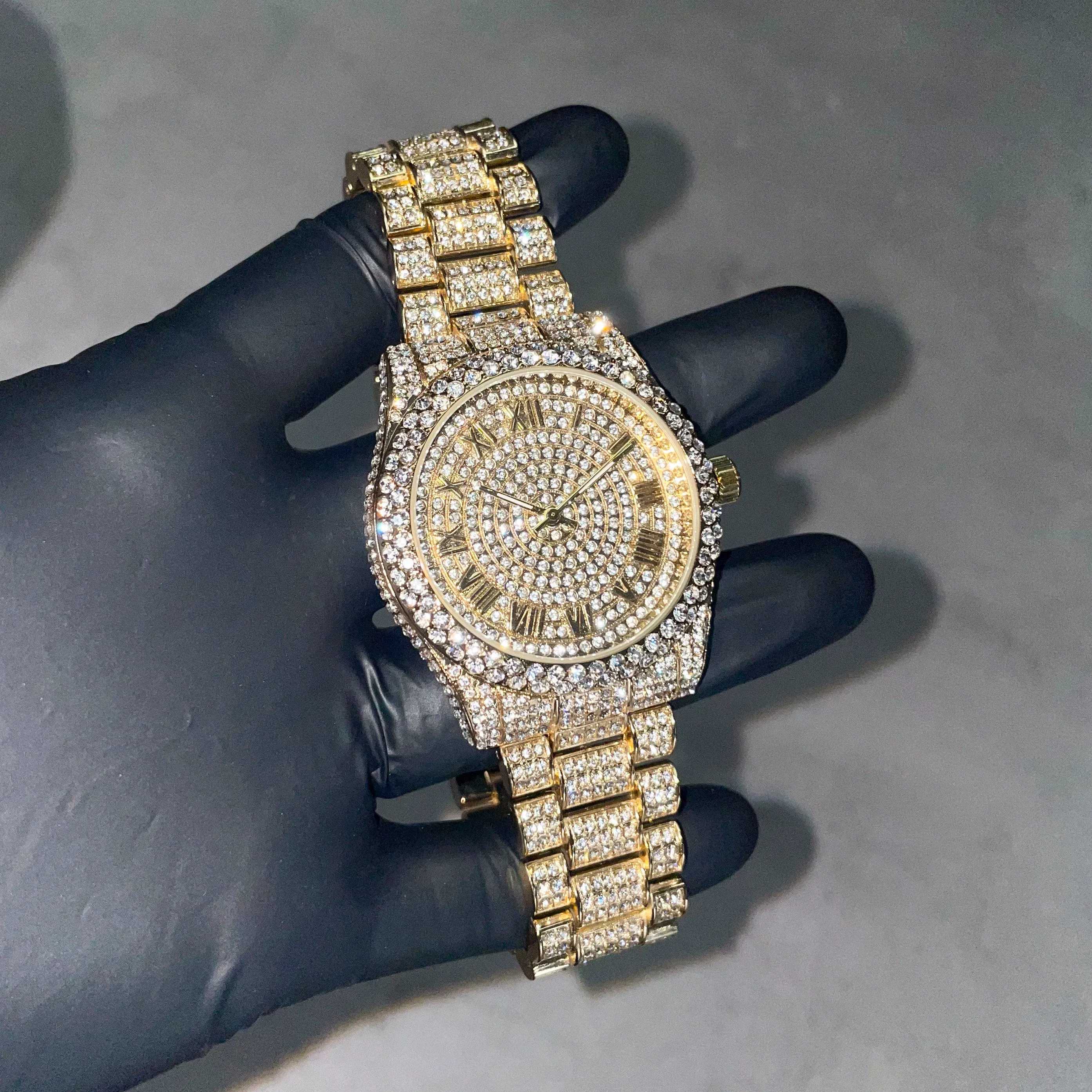 Women's 42mm Diamond Watch with Iced Out Bezel and Roman Dial - Quartz Movement