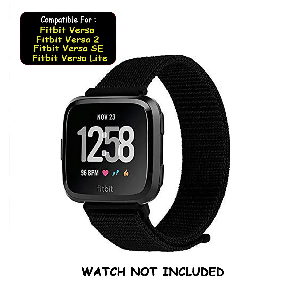 Woven Nylon Strap For Fitbit Versa/Versa 2 /Versa Lite (Jet Black)