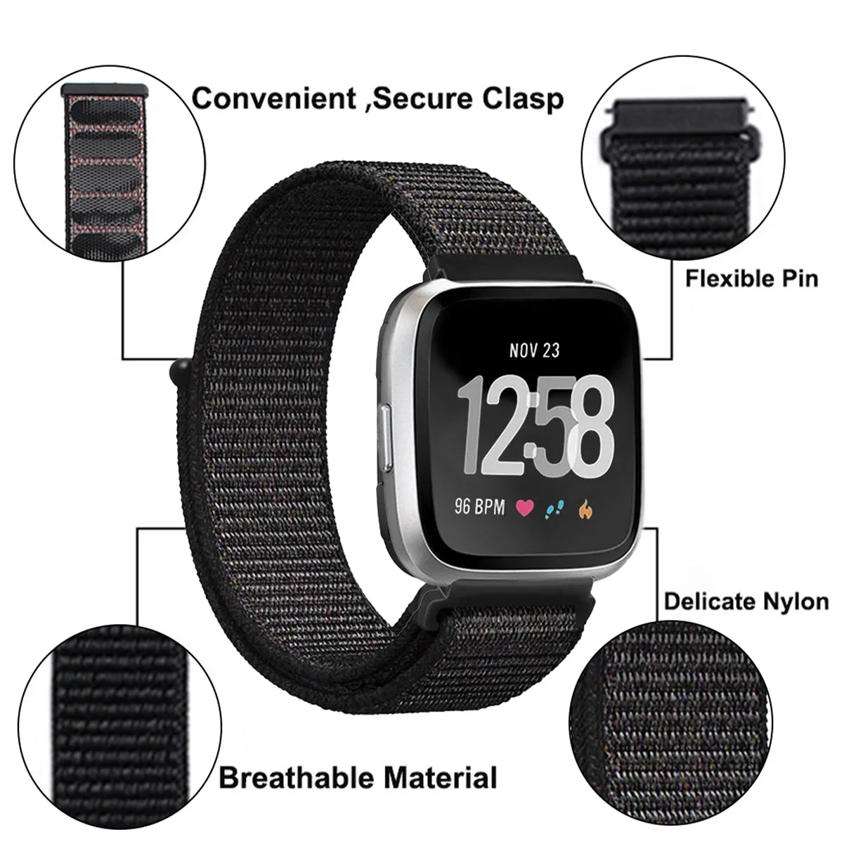 Woven Nylon Strap For Fitbit Versa/Versa 2 /Versa Lite ( Spider-Black)